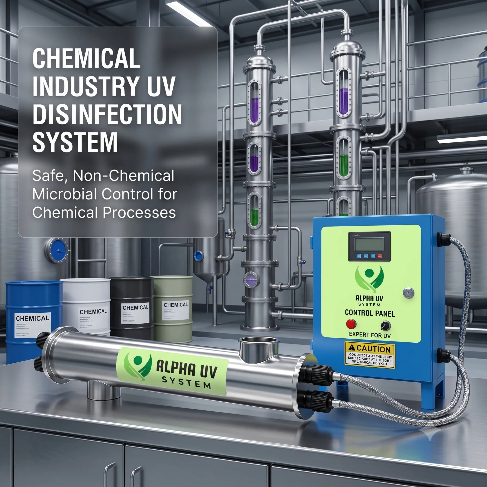 Alpha UV disinfection system Chemical Industry for Industrial wastewater treatment, 5,000–1,00,000 LPH capacity