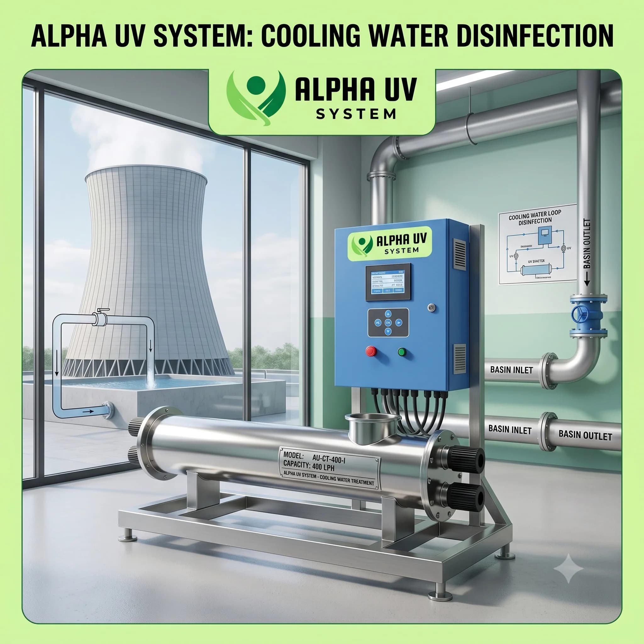 Alpha UV disinfection system Cooling Towers for Industrial wastewater treatment, 5,000–2,00,000 LPH capacity