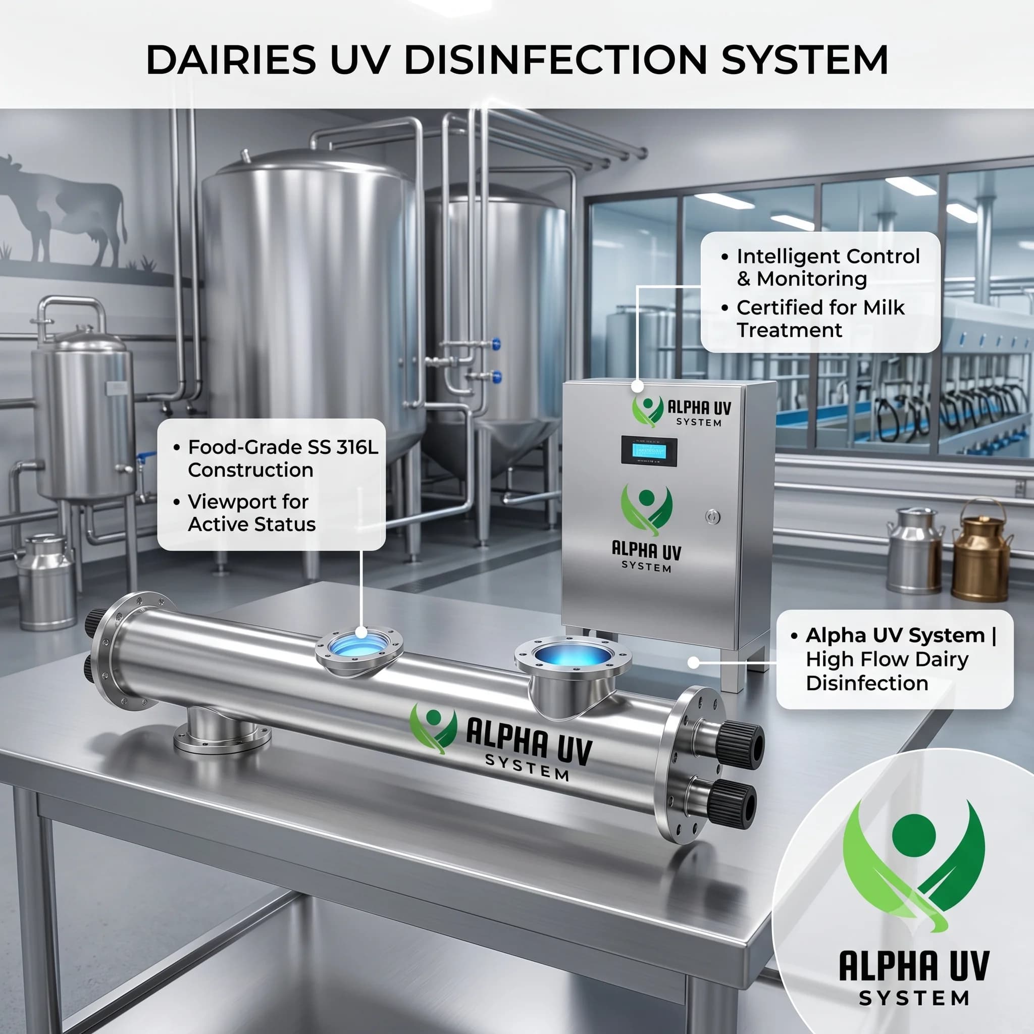 Alpha UV disinfection system Dairies for Food & Beverage wastewater treatment, 2,000 – 20,000 LPH capacity