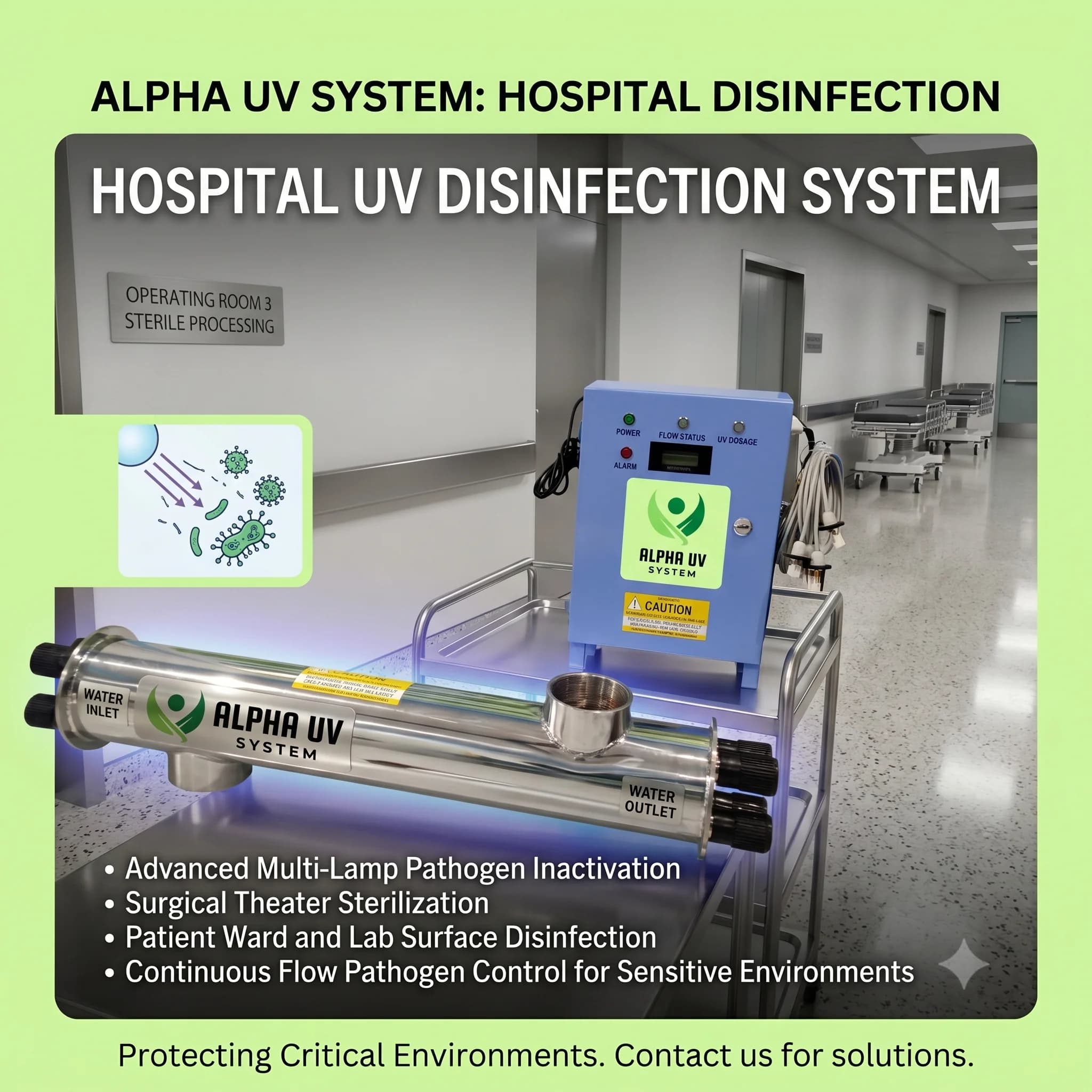 Alpha UV disinfection system Hospital for Healthcare wastewater treatment, 2,000 – 20,000 LPH capacity
