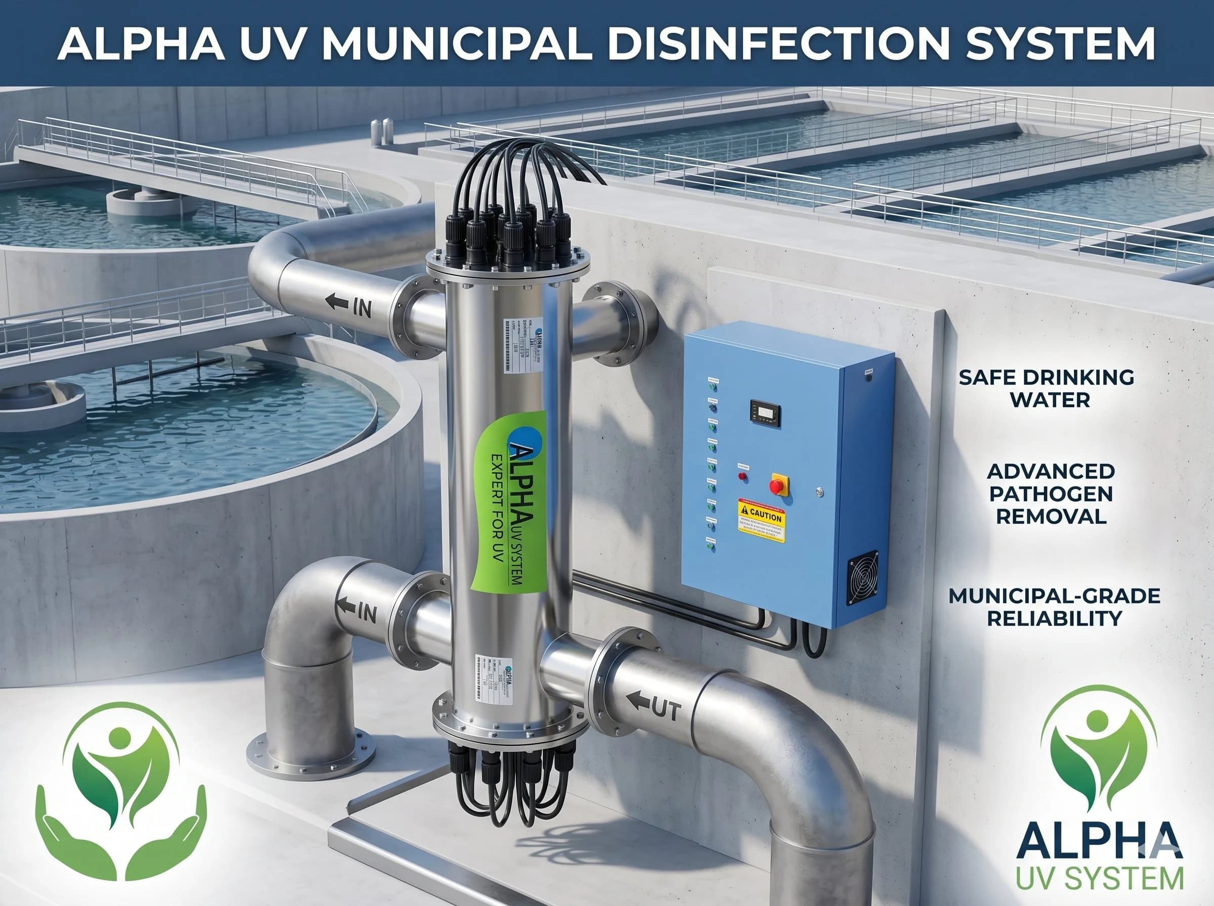 Alpha UV disinfection system Municipal Supply for Water Treatment wastewater treatment, 50,000 – 5,00,000 LPH capacity