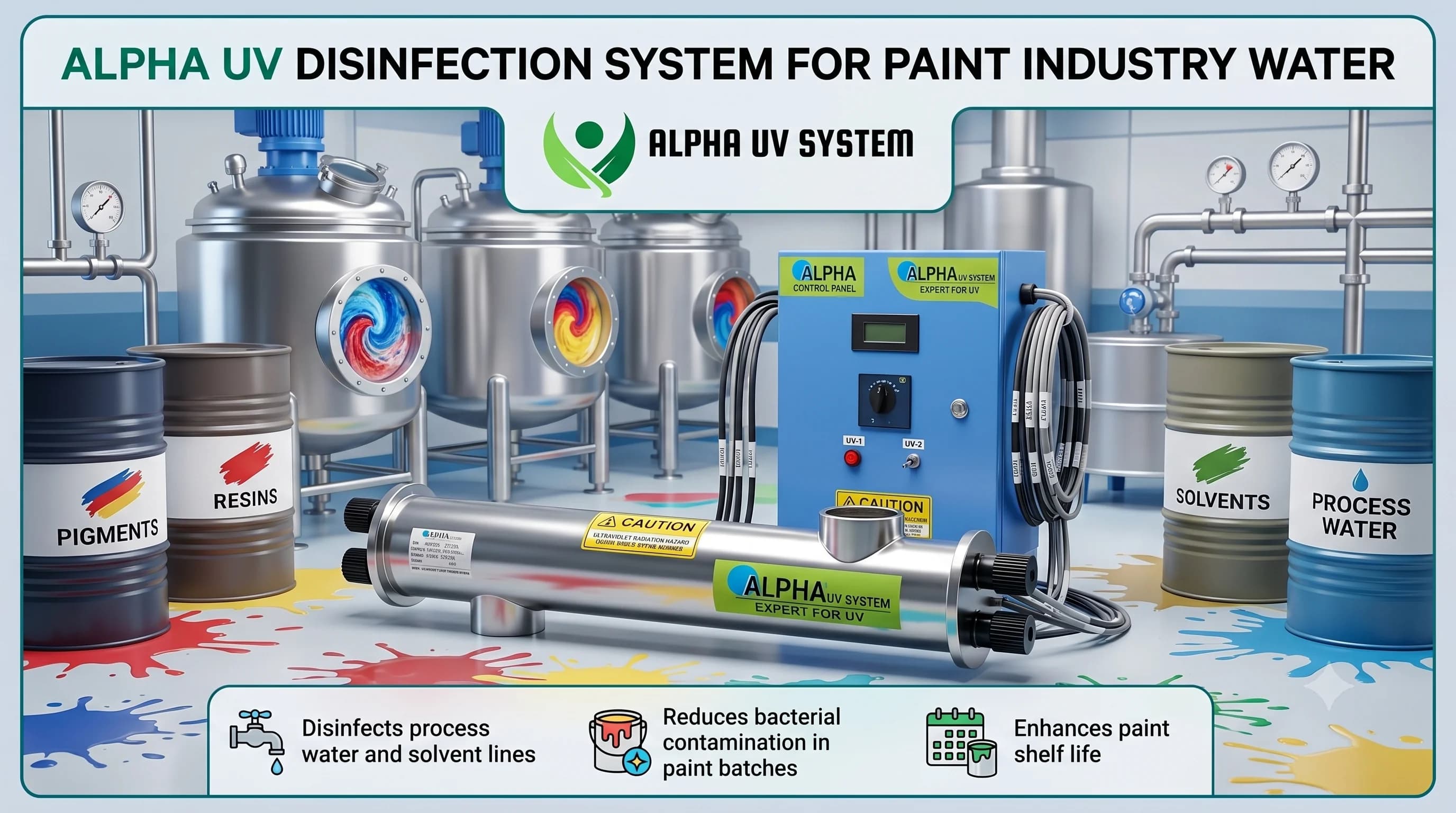 Alpha UV disinfection system Paint Industry for Manufacturing wastewater treatment, 2,000 – 20,000 LPH capacity