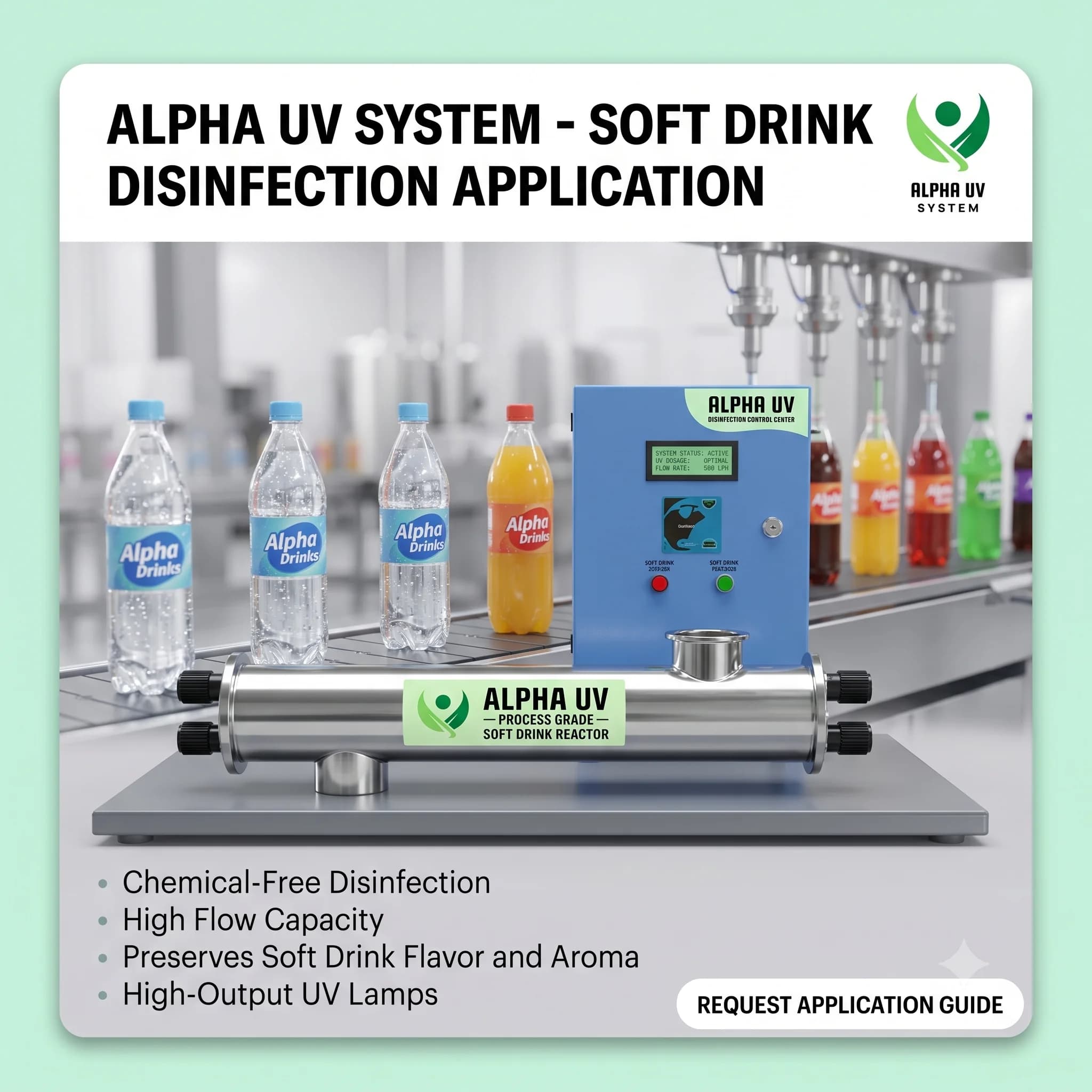 Alpha UV disinfection system Soft Drinks for Food & Beverage wastewater treatment, 1,000–20,000 LPH capacity