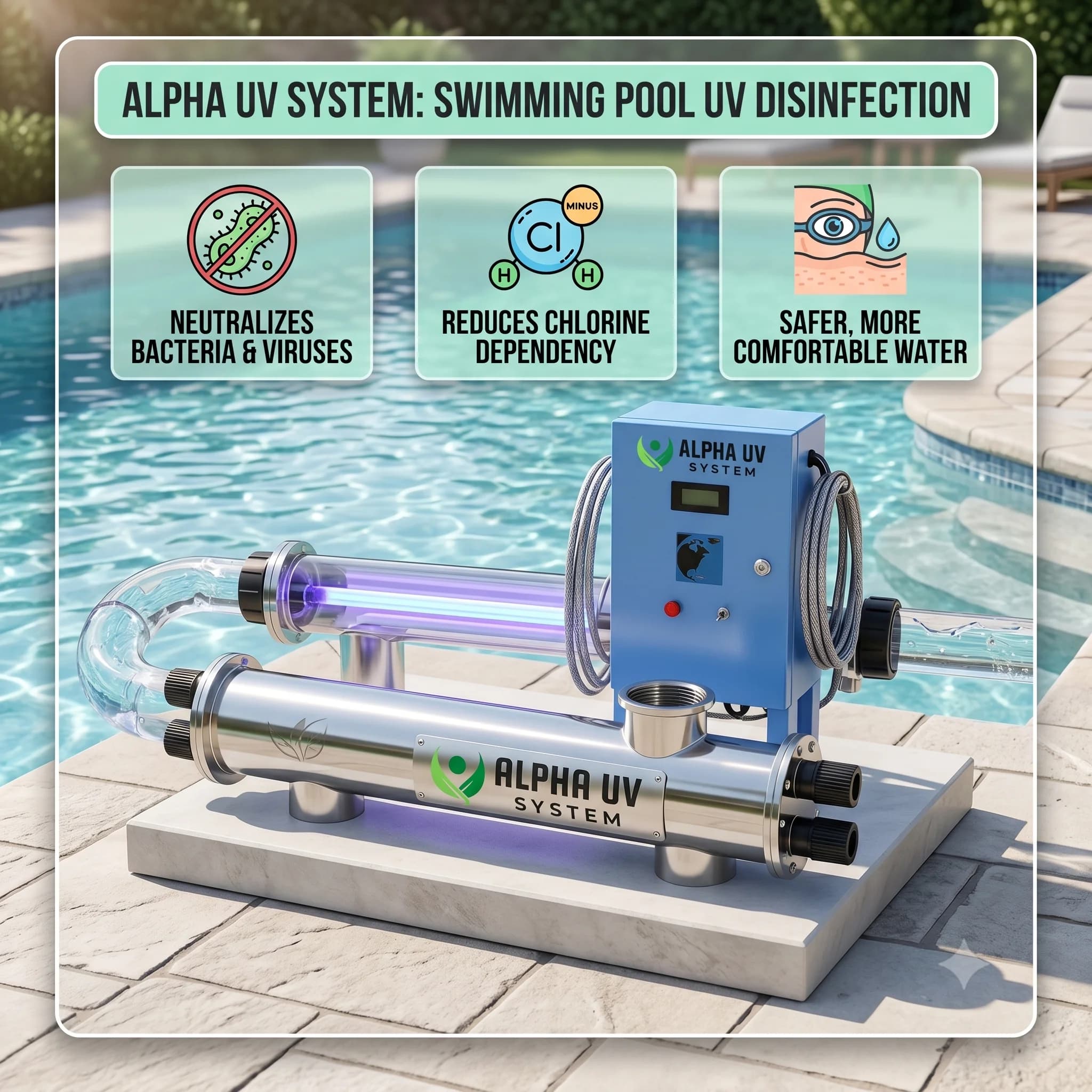 Alpha UV disinfection system Swimming Pools for Commercial wastewater treatment, 5,000 – 5,00,000 LPH capacity