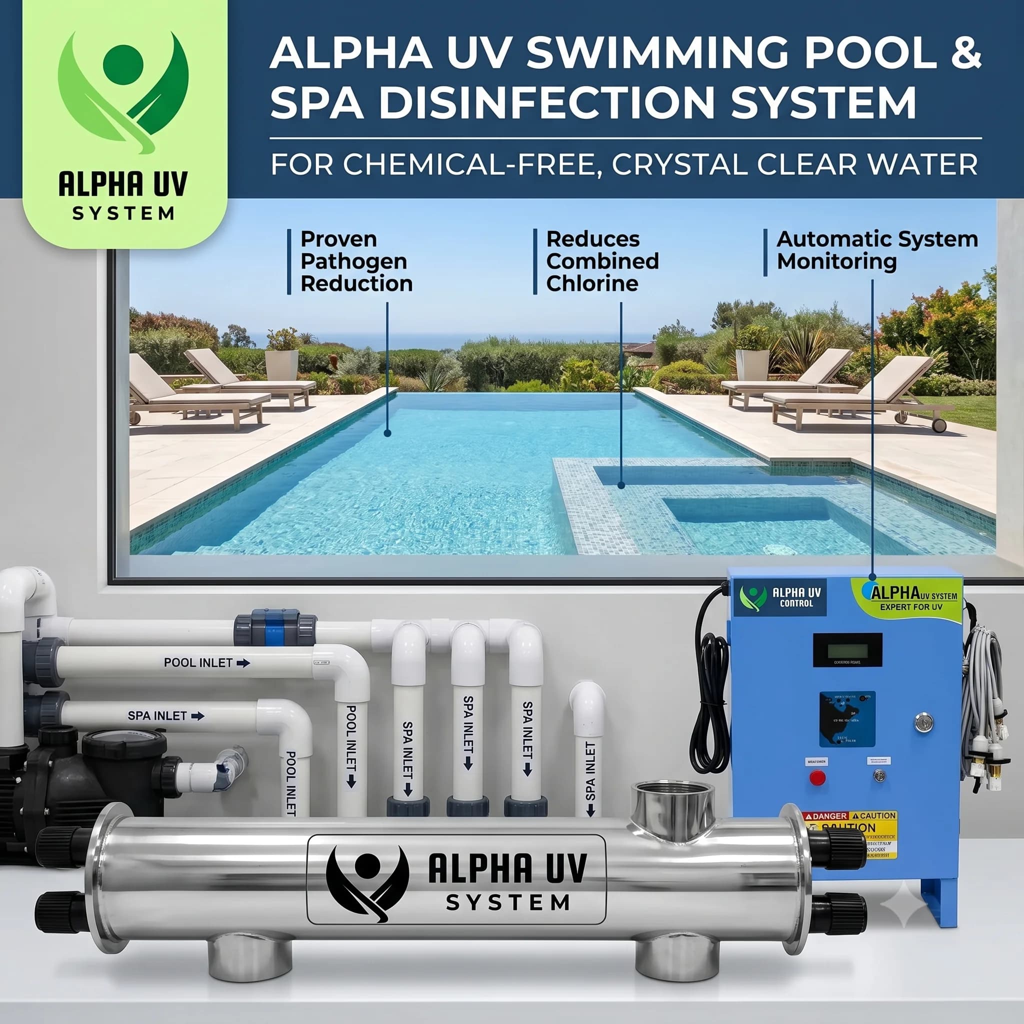 Alpha UV disinfection system Pools & Spas for Commercial / Leisure wastewater treatment, 10,000–2,00,000 LPH recirculation capacity