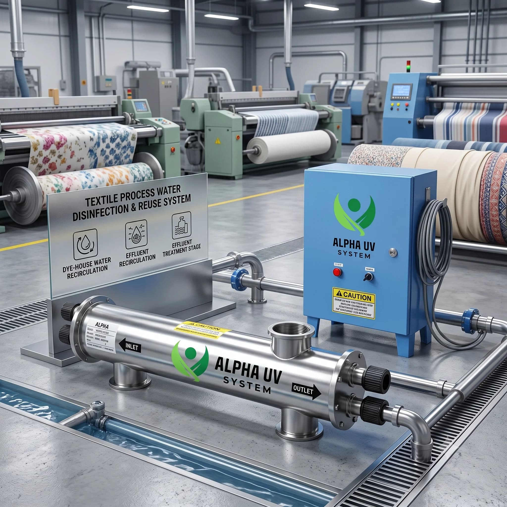 Alpha UV disinfection system Textile Industry for Industrial wastewater treatment, 10,000–2,00,000 LPH capacity