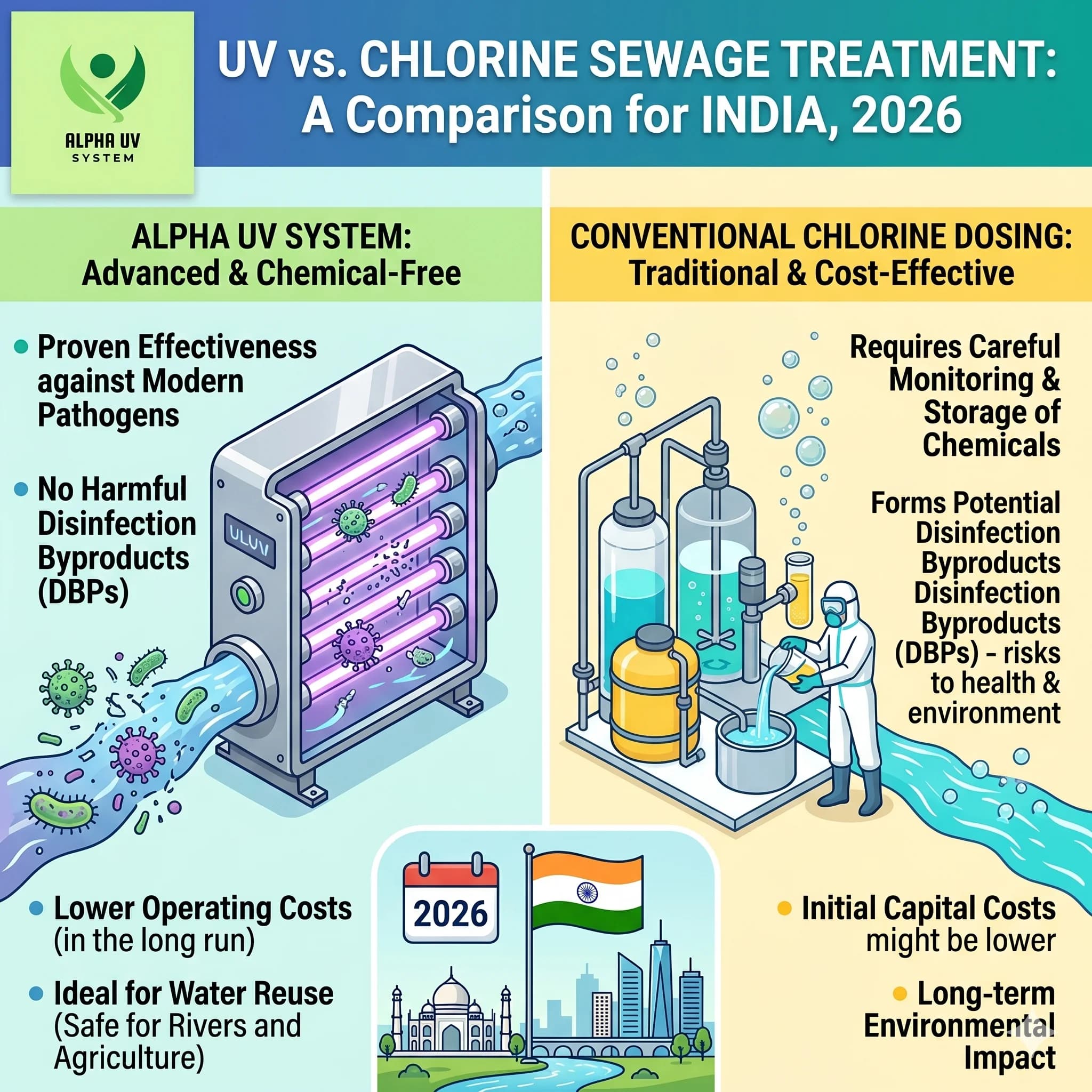 UV vs Chlorine for Sewage Treatment India 2026: CPCB Fecal Coliform & DBP Reality — UV water treatment guide